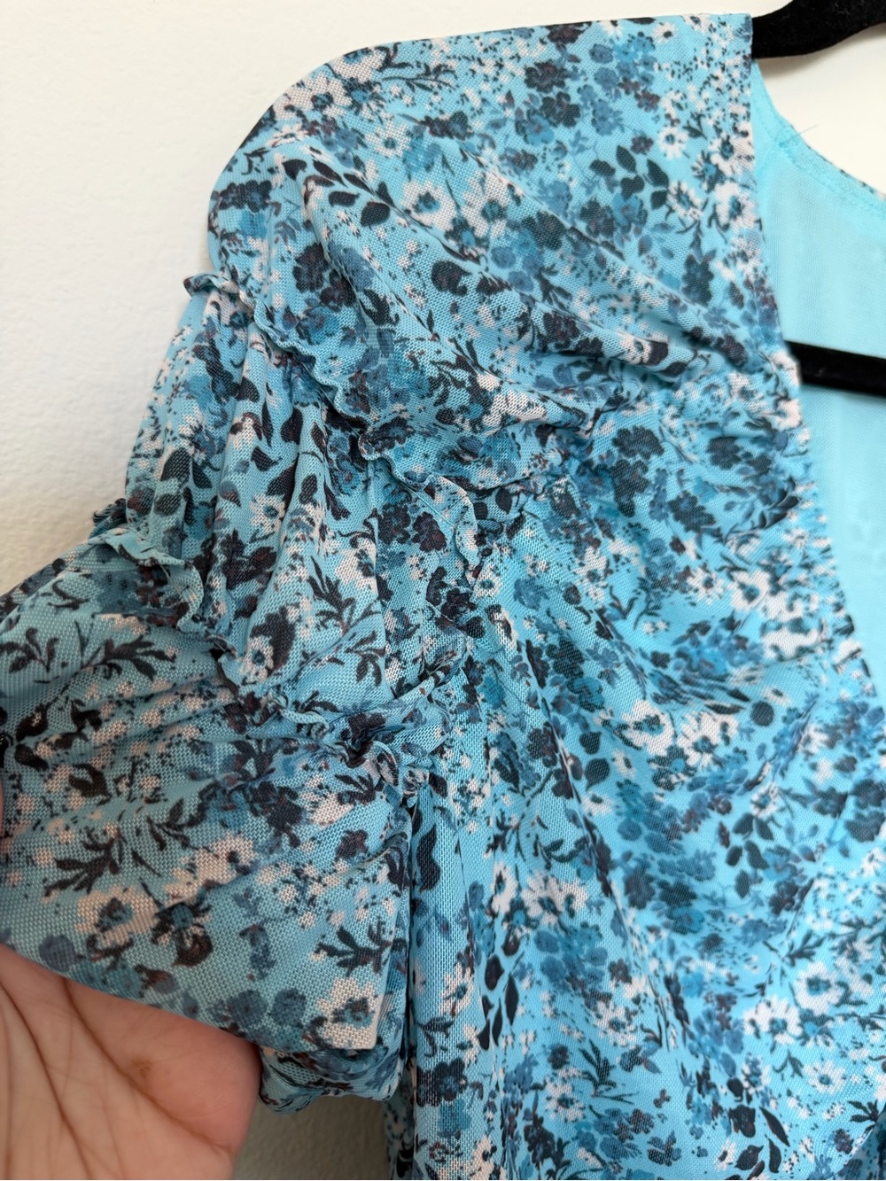 Anthropologie Teal Floral Ruched Mesh Top XL - Picture 4 of 7